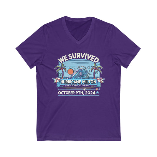 We Survived Hurricane Milton, Unisex Jersey Short Sleeve V-Neck Tee