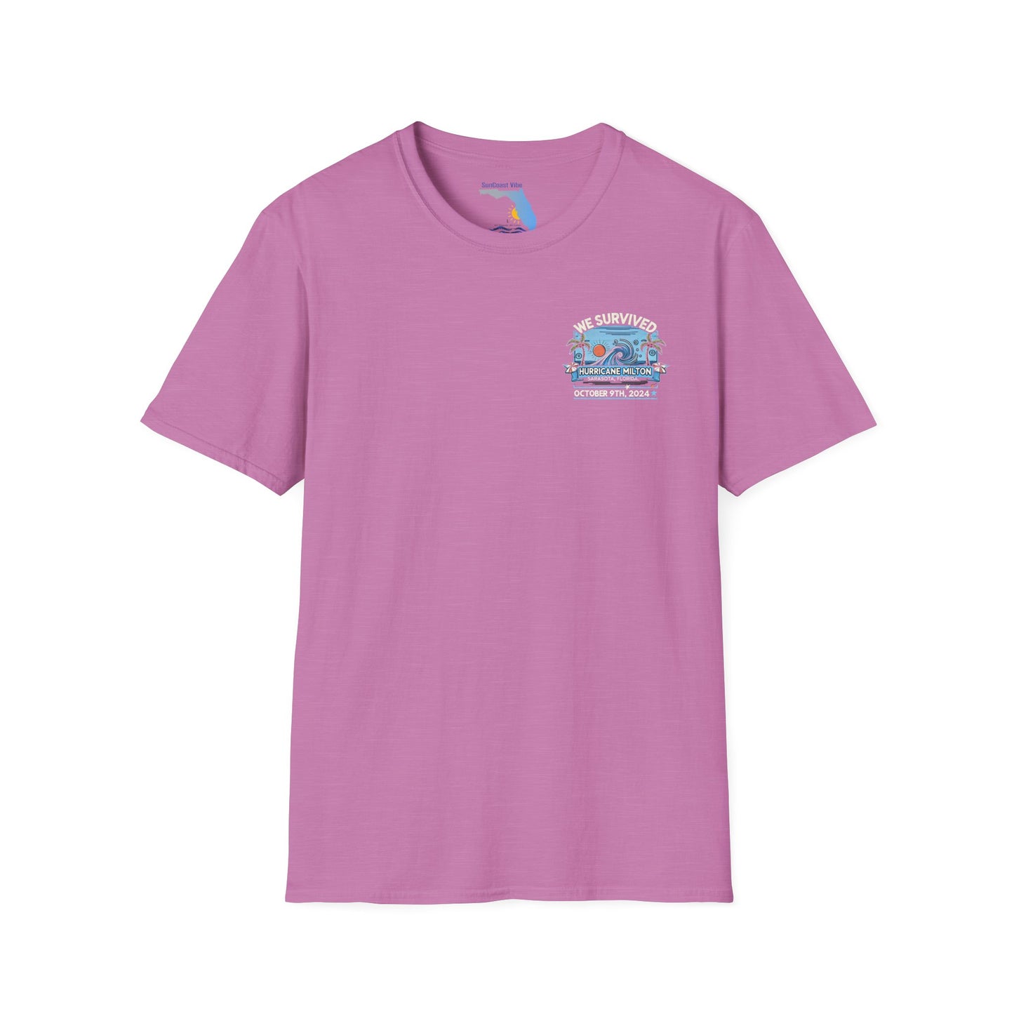 We Survived Hurricane Milton, Unisex Softstyle T-Shirt, Small Logo Sarasota