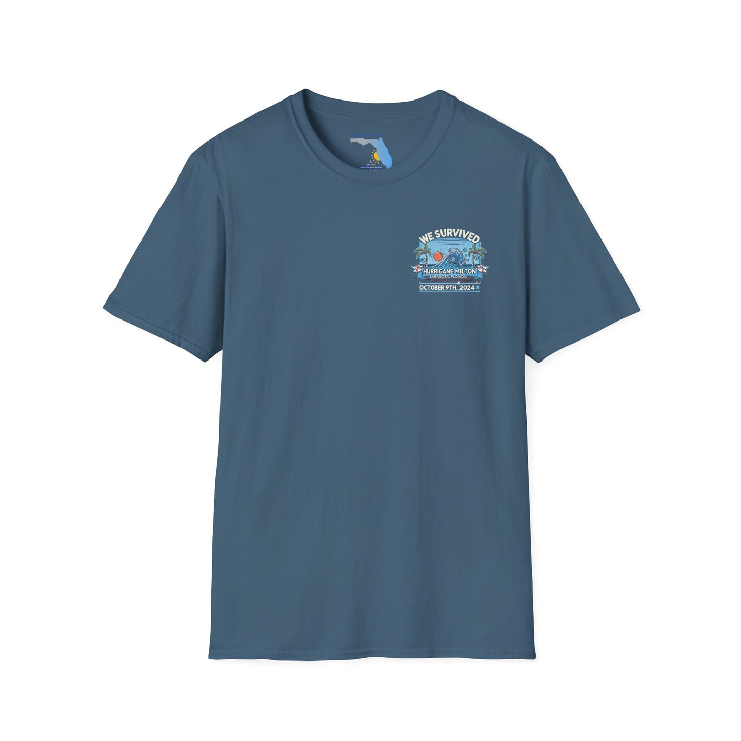 We Survived Hurricane Milton, Unisex Softstyle T-Shirt, Small Logo Sarasota