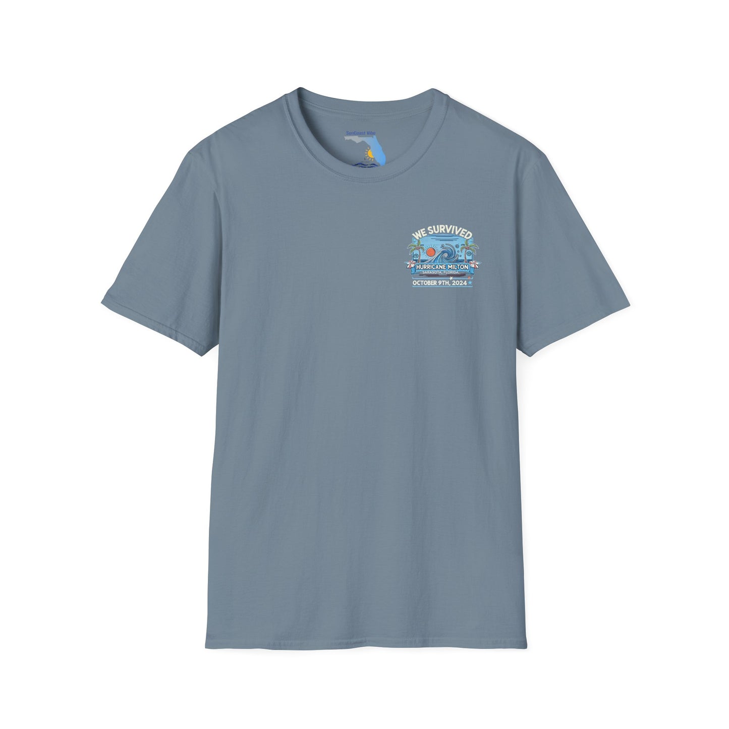 We Survived Hurricane Milton, Unisex Softstyle T-Shirt, Small Logo Sarasota