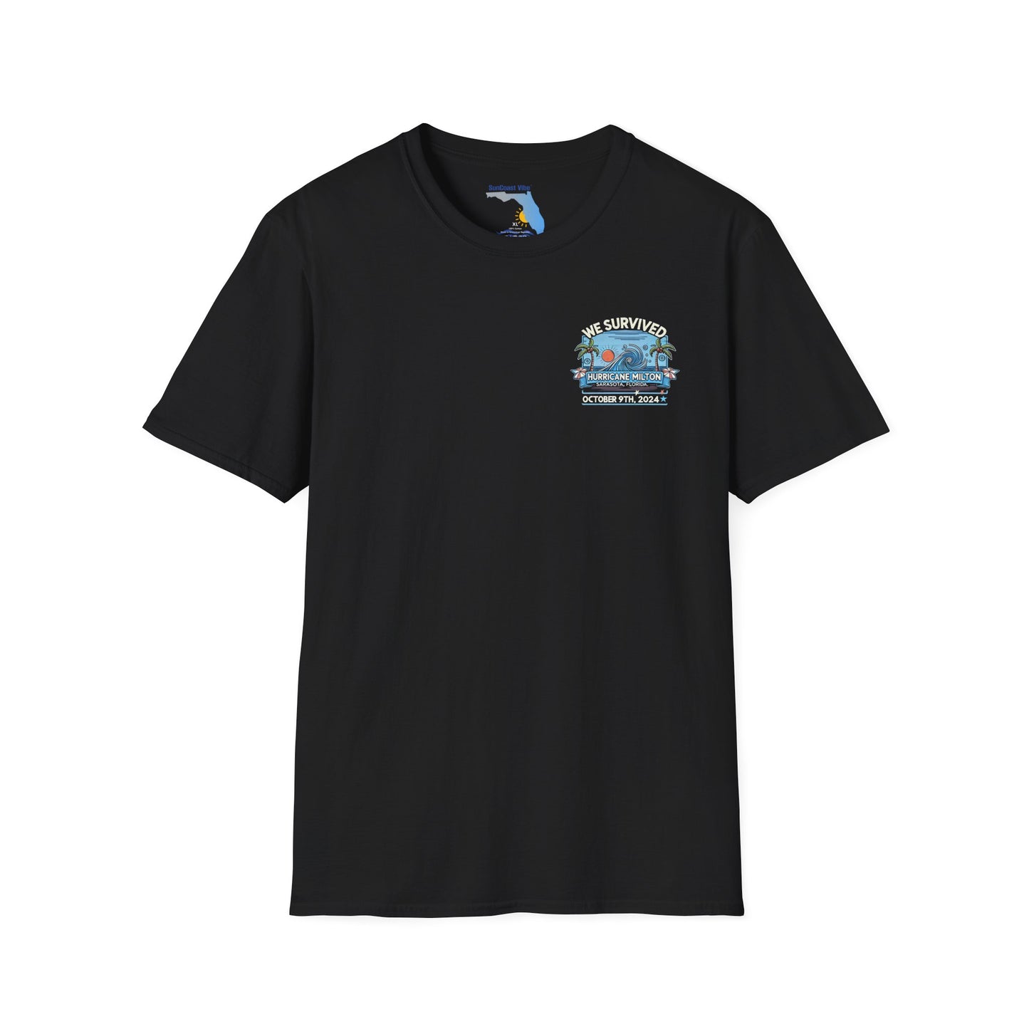 We Survived Hurricane Milton, Unisex Softstyle T-Shirt, Small Logo Sarasota