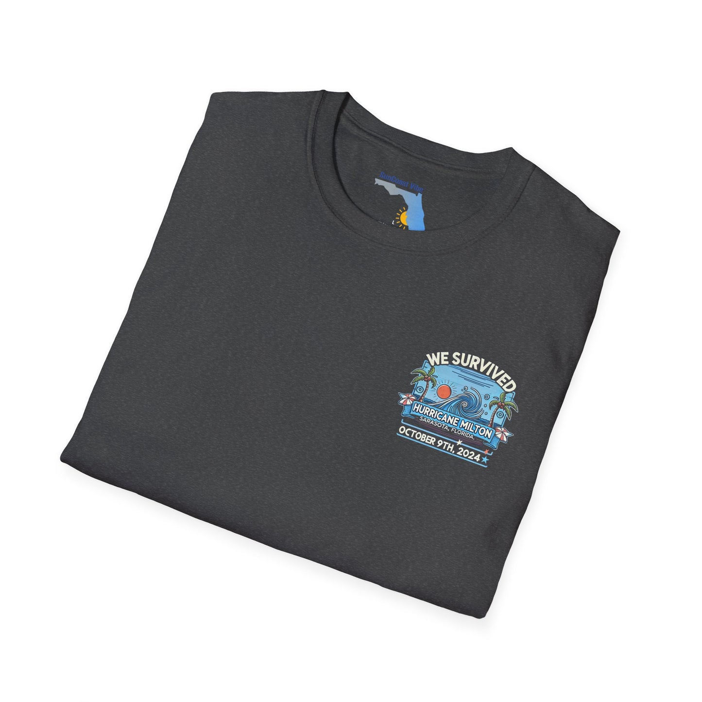We Survived Hurricane Milton, Unisex Softstyle T-Shirt, Small Logo Sarasota